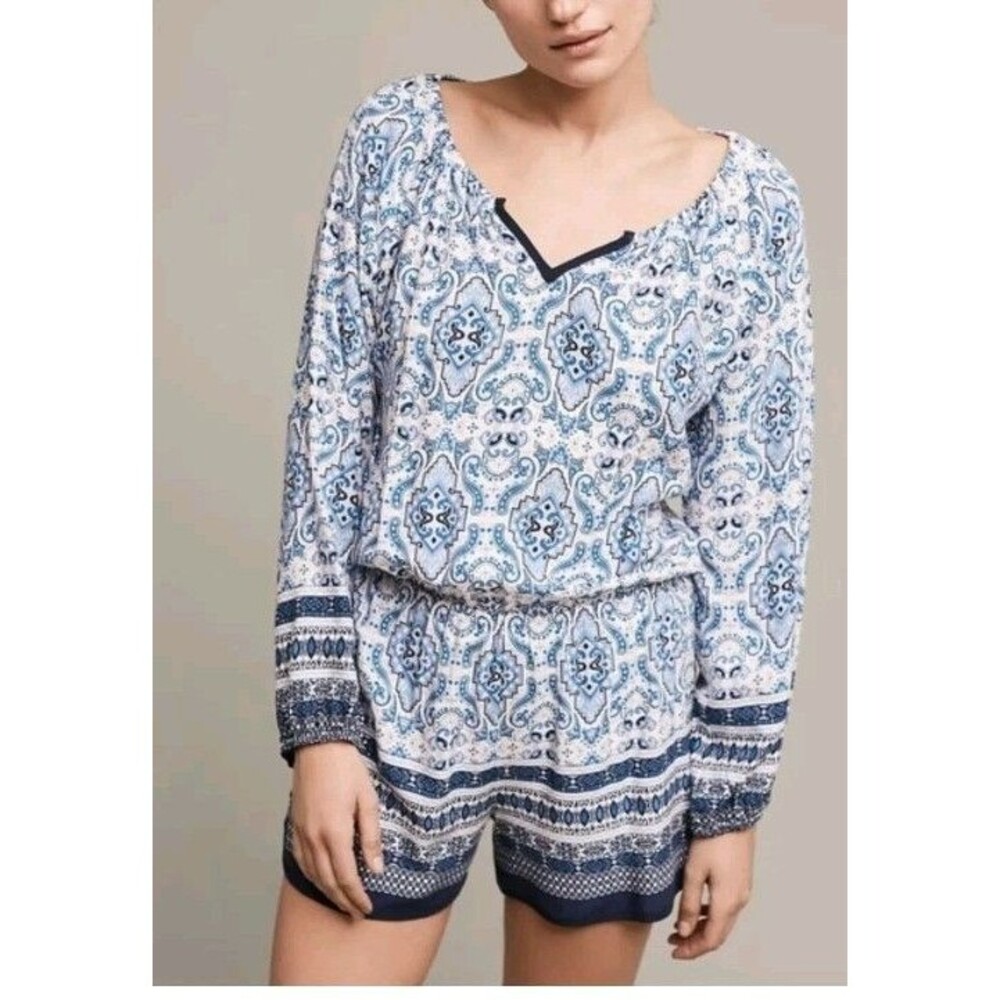 Elevenses Anthropologie Basia Romper Size L Blue/White Rayon Bobo Pleasant